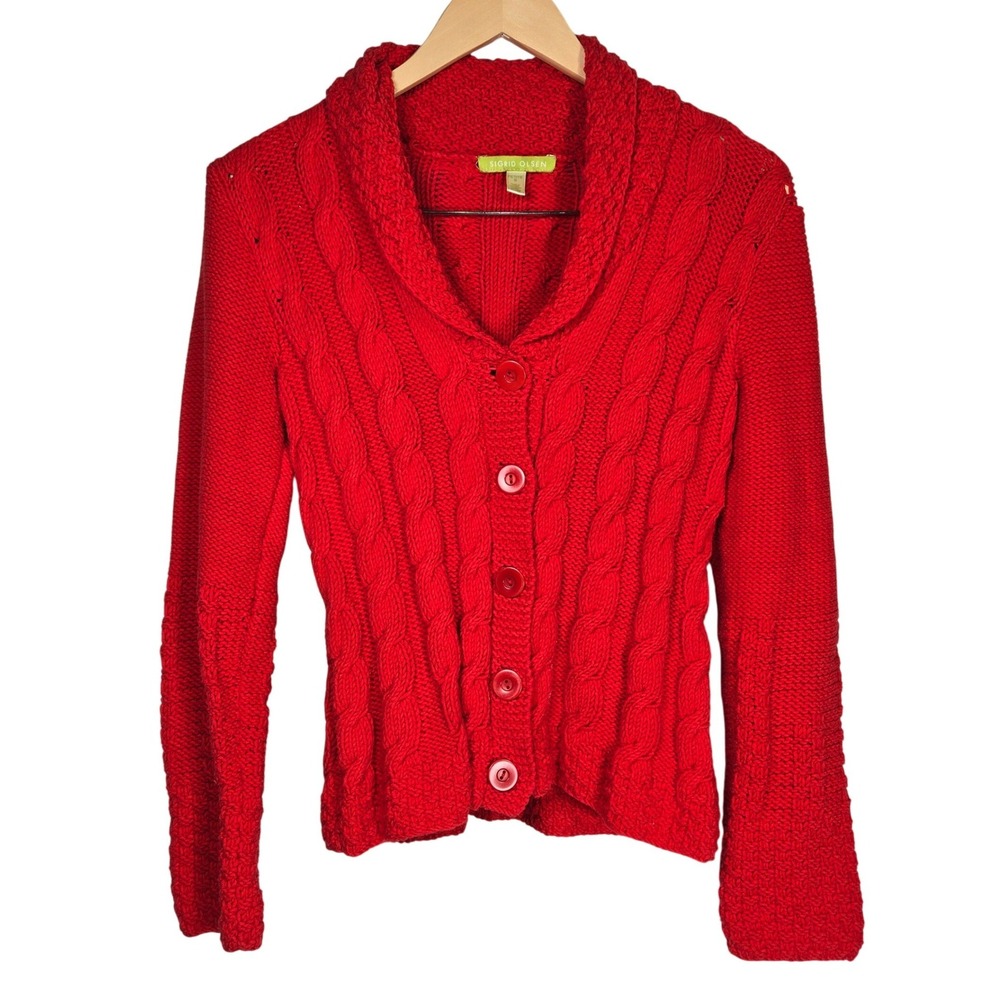 Sigrid Olsen Petite Red Cable Knit Shawl Collar Cardigan Sweater Size‎ S